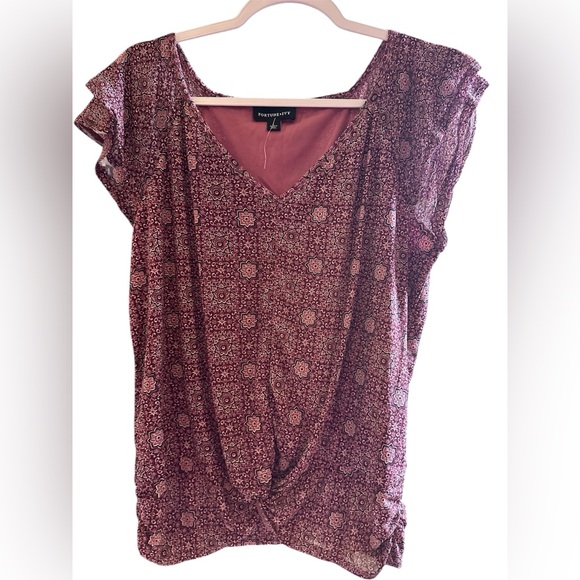 Fortune & Ivy Maroon Flutter Sleeve Front Tie Blouse - Picture 1 of 4